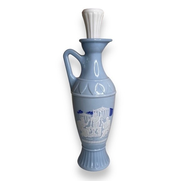 Vintage 1961 Jim Beam Grecian Style Blue Milk Glass Decanter Cork Lid Plato - Picture 1 of 13